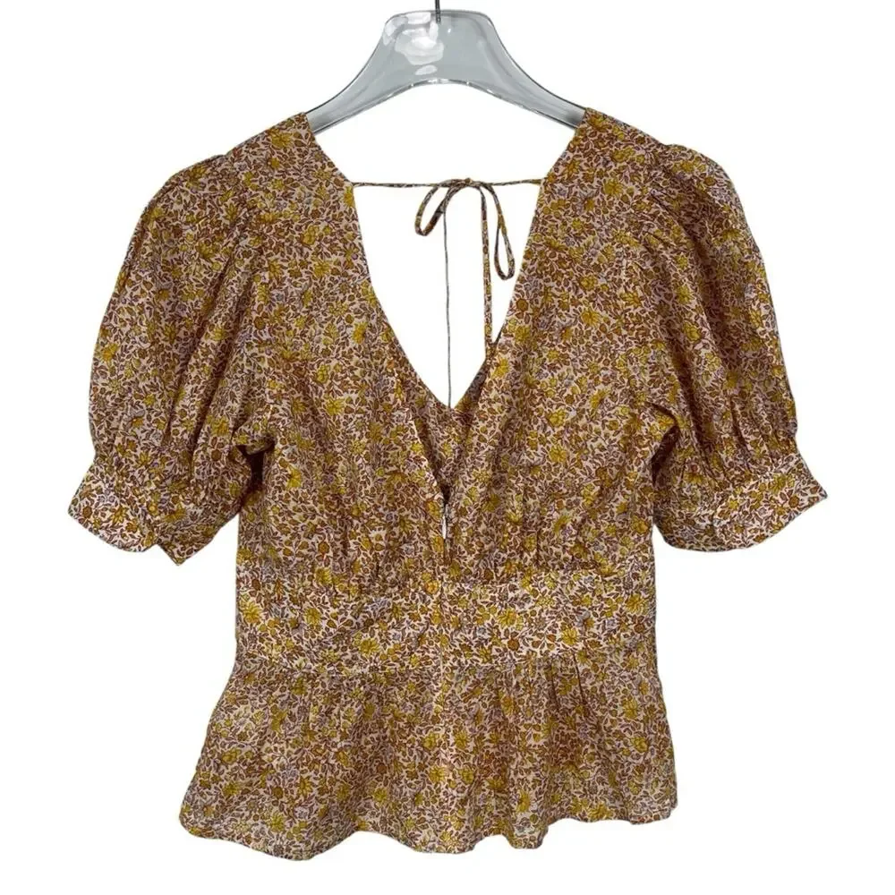 J. Crew Blouse Top Puff-sleeve V-neck Yellow Floral Size 0